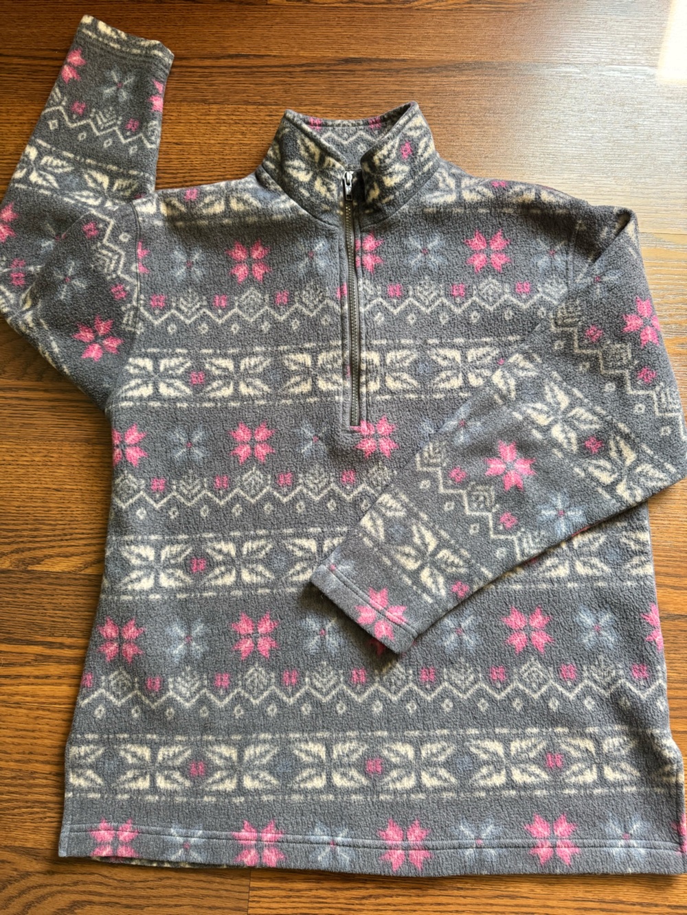 Avon Gray Fleece Quarter-Zip Sweater with Pink Snowflake Motif